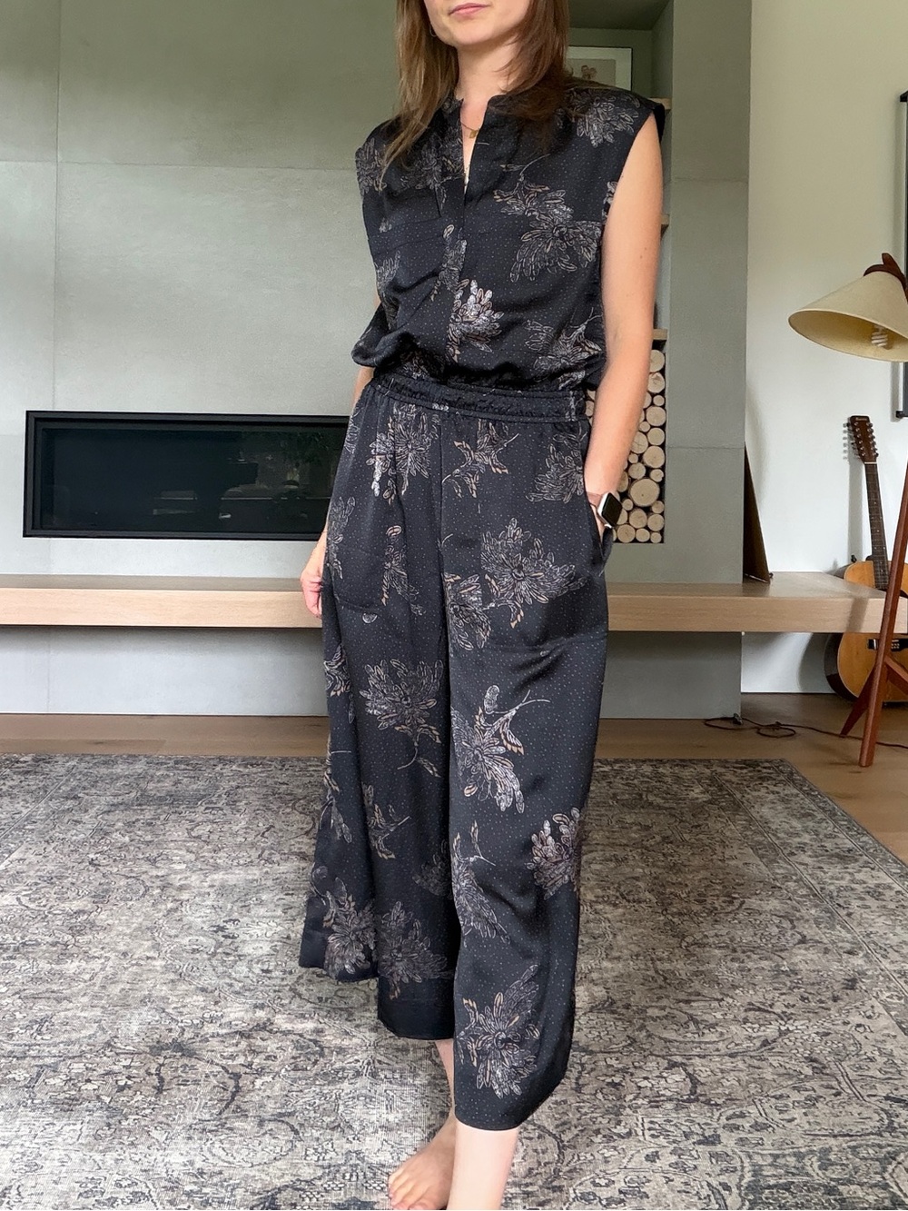 Vince woodblock Black Floral Sleeveless Jumpsuit